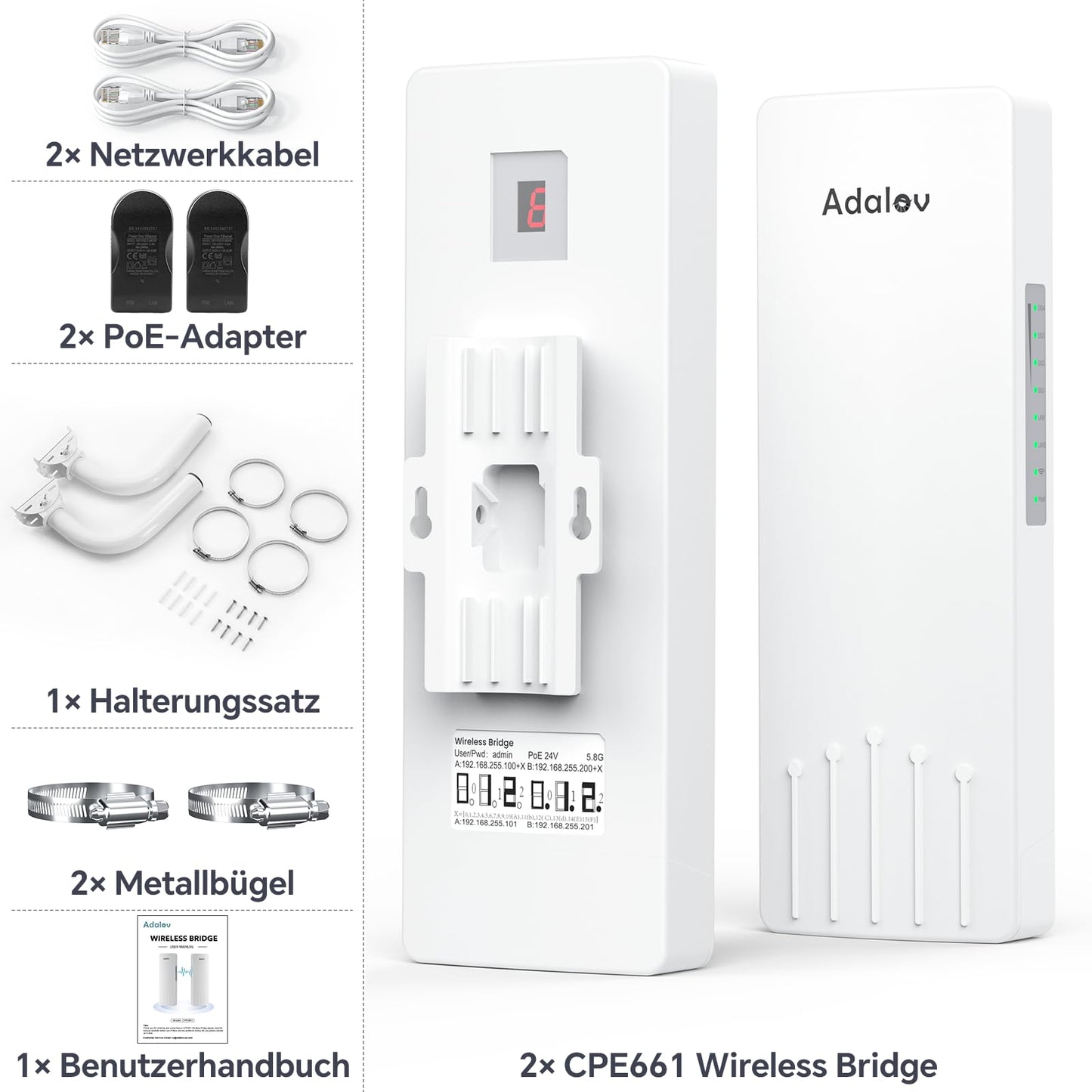 AdaLov CPE661 WLAN Bridge, 5GHz Outdoor Point-to-Point, 3 km Reichweite, IP65