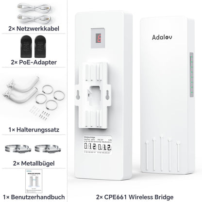 AdaLov CPE661 WLAN Bridge, 5GHz Outdoor Point-to-Point, 3 km Reichweite, IP65