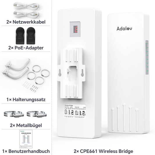 AdaLov CPE661 WLAN Bridge, 5GHz Outdoor Point-to-Point, 3 km Reichweite, IP65